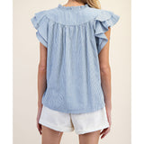 Blue & White Striped Double Ruffled Short Sleeve Top