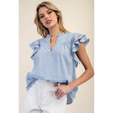 Blue/White Striped Double Ruffle Short Sleeve Top with Notched V Neckline