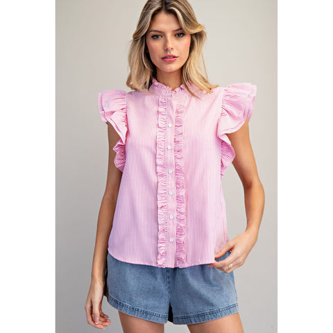 Striped Button Down Ruffle Trim Blouse
