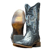 Black Ostrich Round Toe Boot with view of Boot and Sole