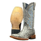 Grey and Black Ostrich Print Square Toe Boot- Front and Sole view