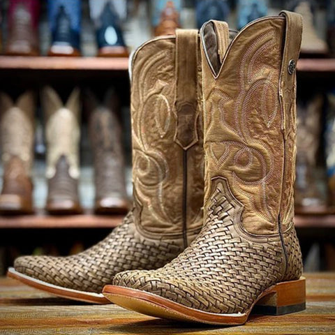 Honey Brown Basket Weave Men's Square Toe Boot