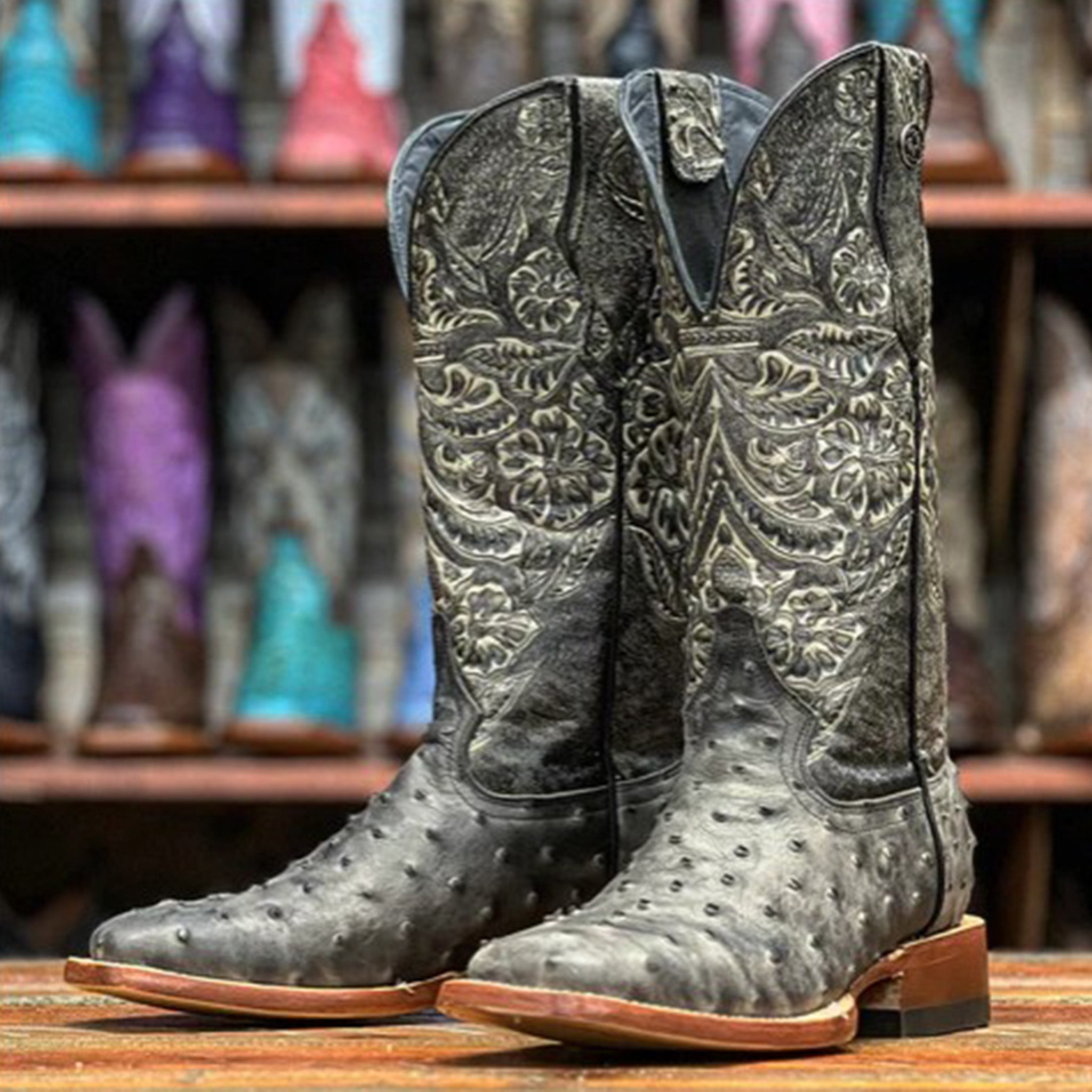 Tanner Mark Women's Grey and Black Ostrich Print Square Toe Boot