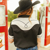 Black & White Yoke Contrasting Stitching Satin Short Sleeve