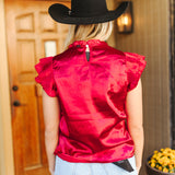 Red Satin Pleated Ruffle Sleeveless Top Back View