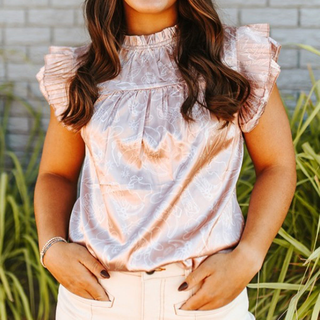 women's satin shirt with western themed prints thru out