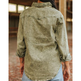 Olive Color Mineral Wash Denim Pearl Snap Long Sleeve Shirt back view