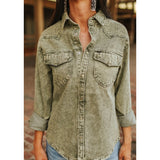 Olive Color Mineral Wash Denim Pearl Snap Long Sleeve Shirt front view