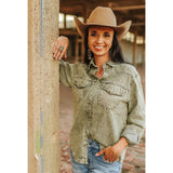 Olive Color Mineral Wash Denim Pearl Snap Long Sleeve Shirt