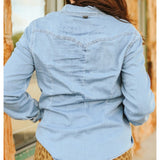 women's denim shirt with arrow pockets and gold tipped collar back view