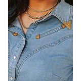 women's denim shirt with arrow pockets and gold tipped collar pocket view