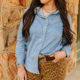 women's denim shirt with arrow pockets and gold tipped collar