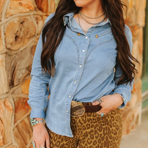 women's denim shirt with arrow pockets and gold tipped collar
