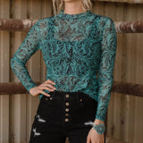 Tooled Turquoise Mesh Long Sleeve Shirt
