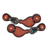 Waffle tooled spur straps with rustic turquoise buckles