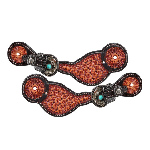 Waffle tooled spur straps with rustic turquoise buckles