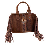 Brown Hide - Aztec Accented tote purse with fringe