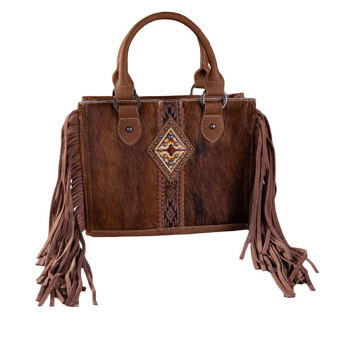 Brown Hide - Aztec Accented tote purse with fringe
