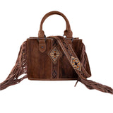 Brown Hide tote purse with aztec accent and fringe. Matching Aztec crossbody strap