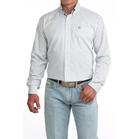 Cinch Men's White Blue Striped Long Sleeve Shirt