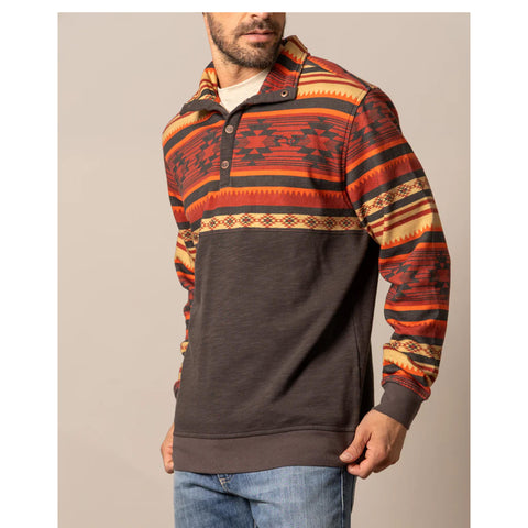 men's pullover with Colorful Aztec pattern on top portion and solid brown on the bottom