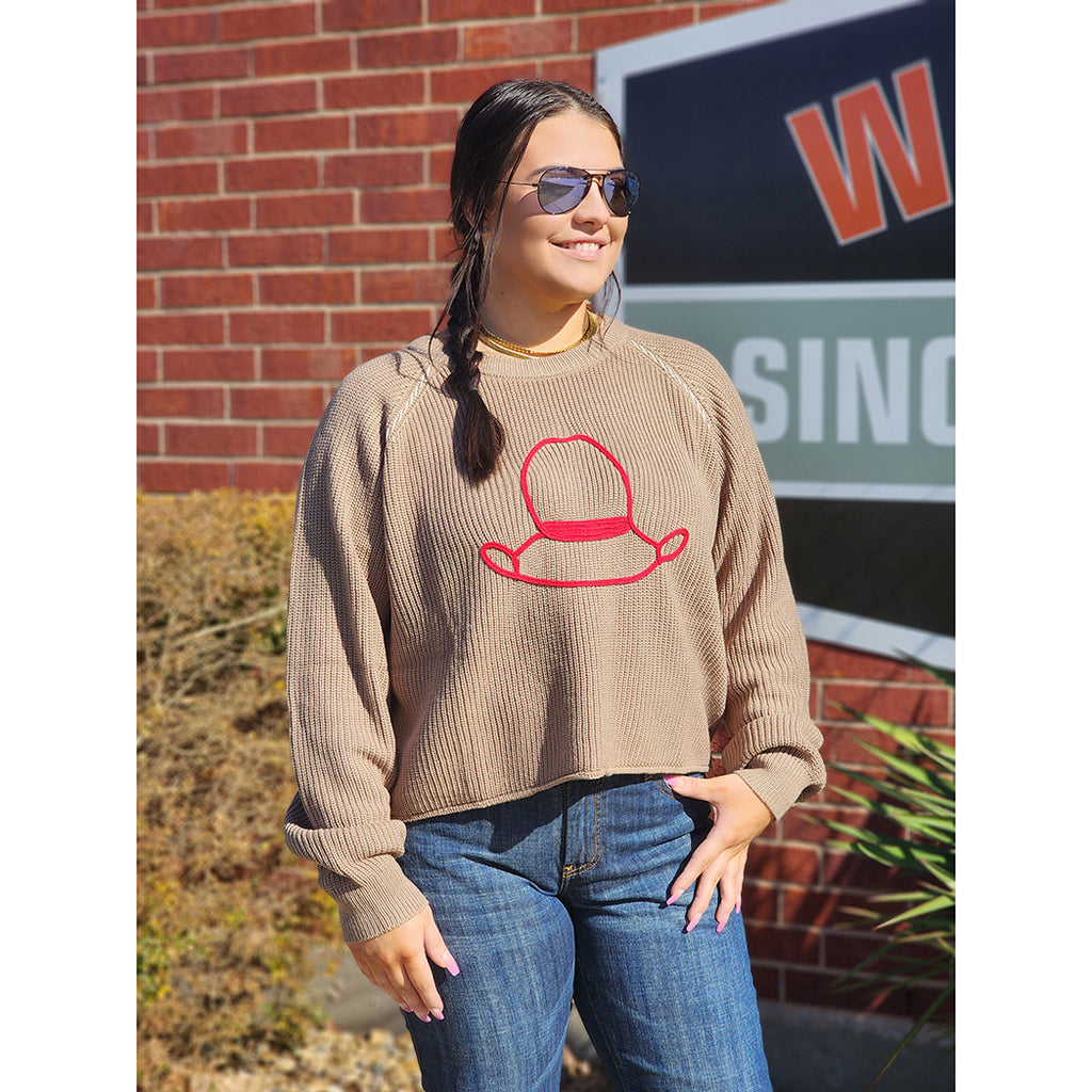 Taupe knit crop top sweater, red cowboy hat design 