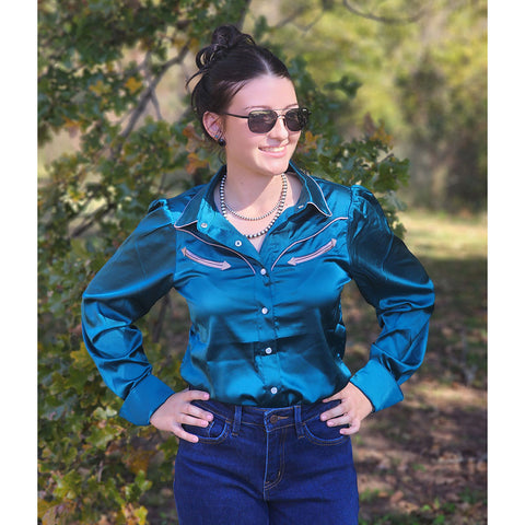 long sleeve, satin, yokes, pearl snaps 