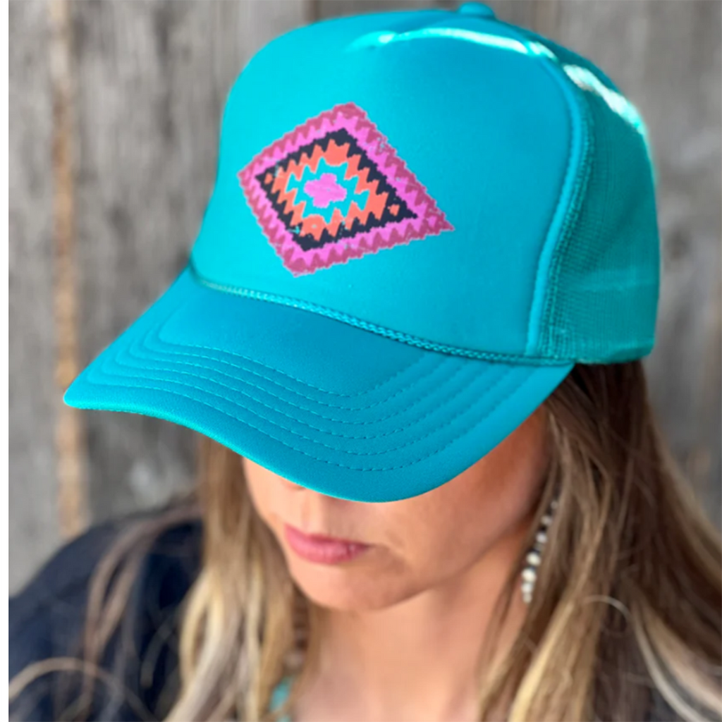 Teal Trucker Hat with Aztec design