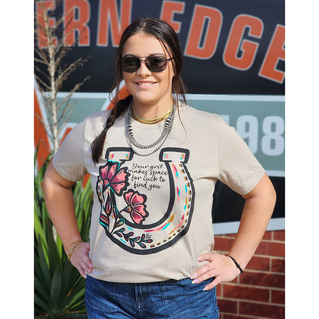 Horse Shoe with Flowers on Crew neck tee
