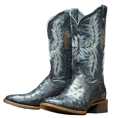 Black Ostrich Round Toe Boot