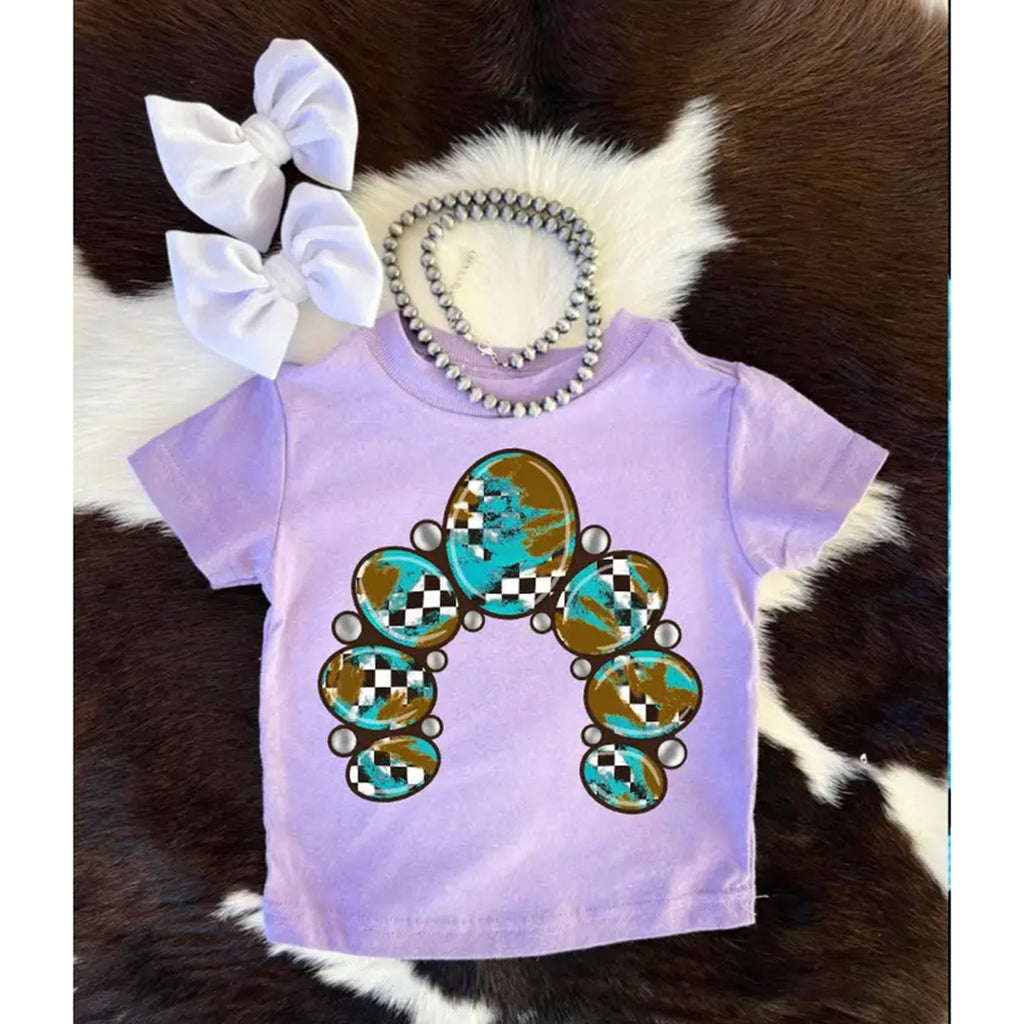 Turquoise Cluster on Purple Girls Crew Neck Tee