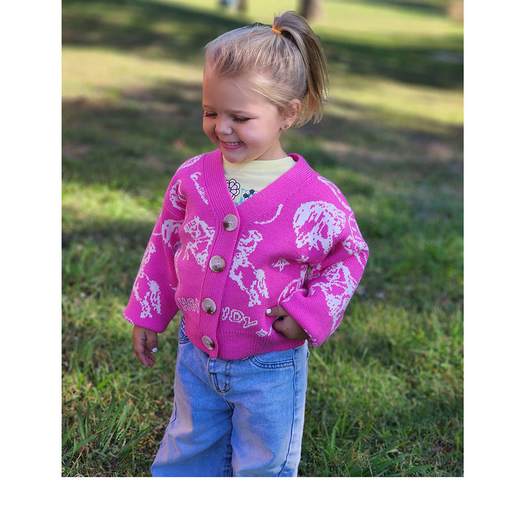 Pink Cardigan, Horse Head design, four buttons up the front 