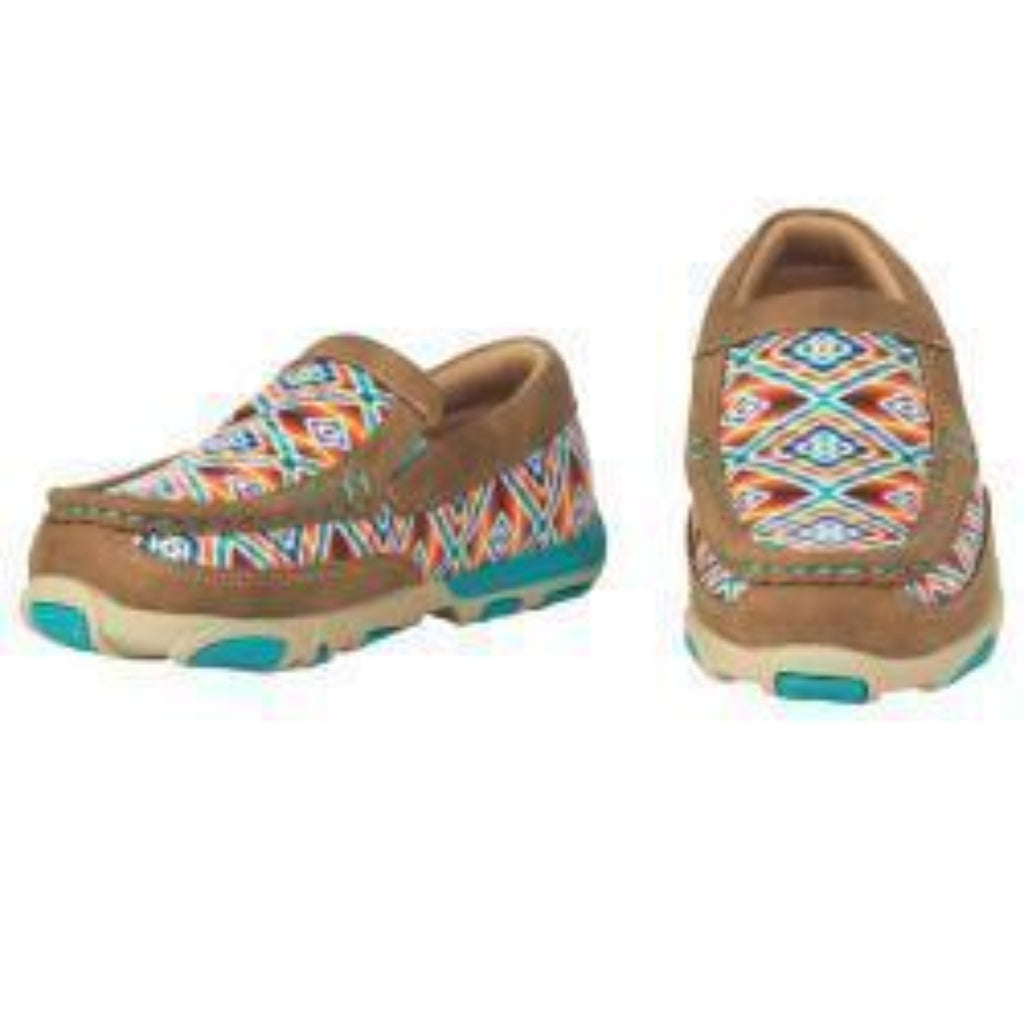 Twister Brynlee girls’ brown moccasin shoes with Southwestern print and slip-on design