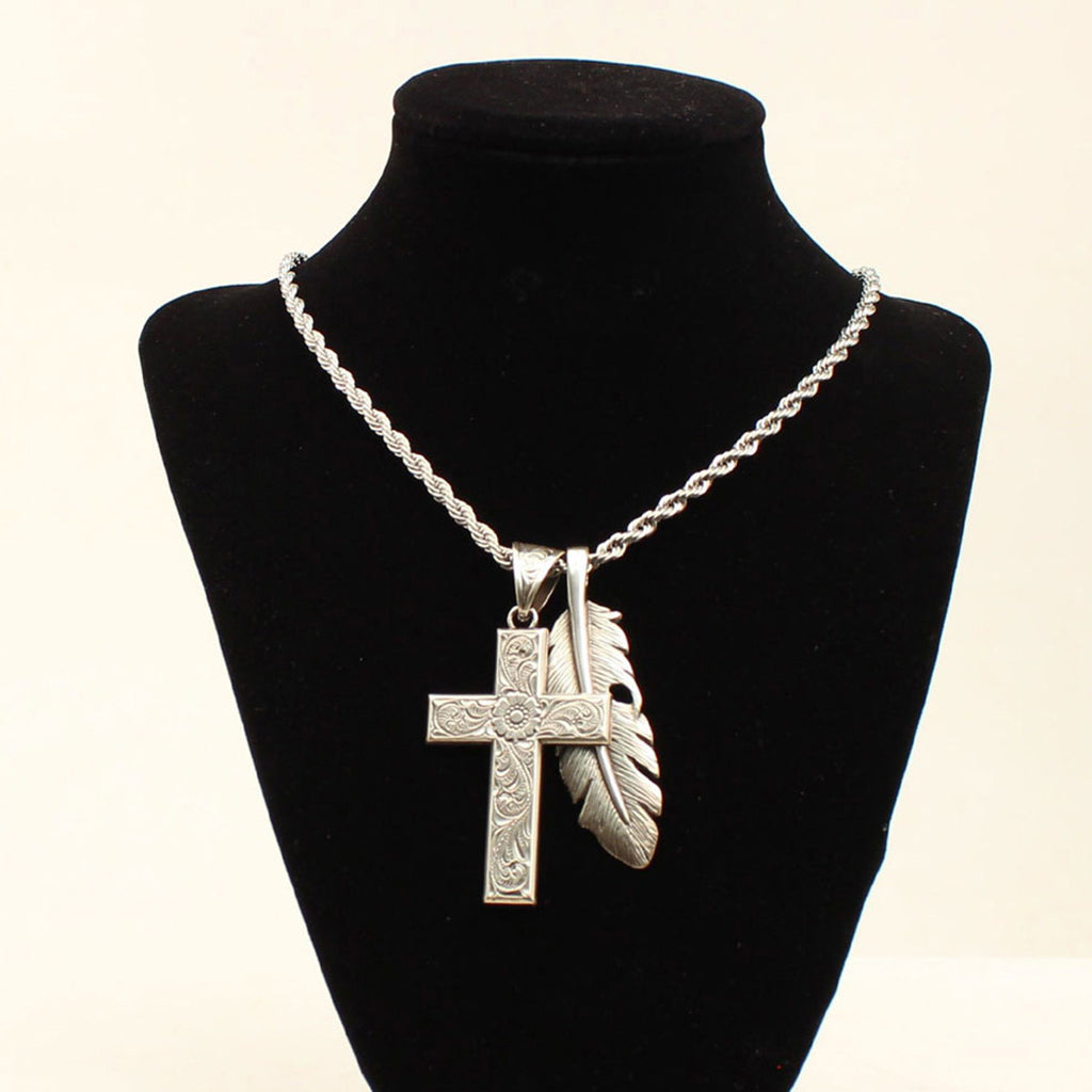 Cross and Feather Pendant Necklace