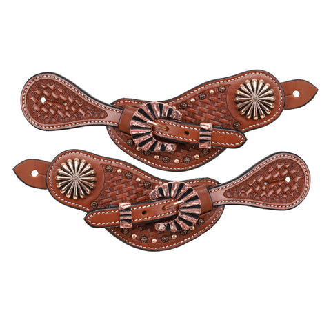 Brown Basket Weave Leather Spur Straps with Copper/Rose Gold Accent Conchos and buckles