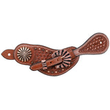 Brown Basket Weave Leather Spur Straps featuring Copper/Rose Gold Accent Conchos and Buckles