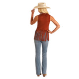 Women's Rust Studded Microsuede Fringe Top