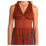 Women's Rust Studded Microsuede Fringe Top
