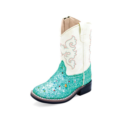 Old West Toddler White/Turquoise Glitter Boots