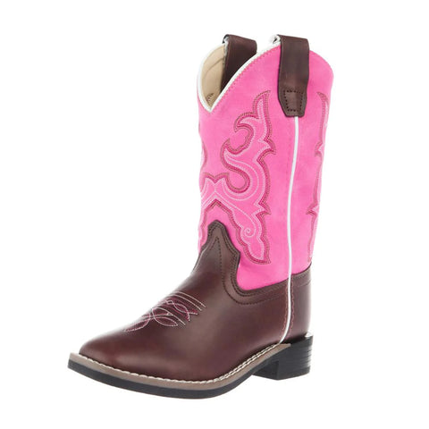 Old West Childrens Dark Brown Square Toe with Pink Shaft Boot