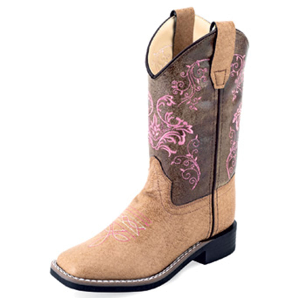 Full side and front view of kid's Brown and Pink Square Toe Boots