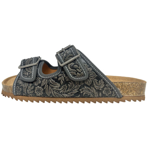 Grey Floral Tooled Double Strap Sandal