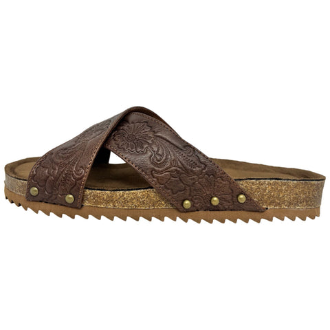 Brown Floral Tooled Slip-on Sandals