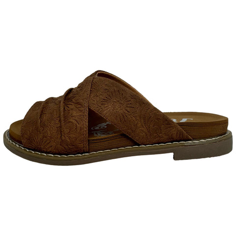 Brown Floral Tooled Slip-on Sandals with Small Heel