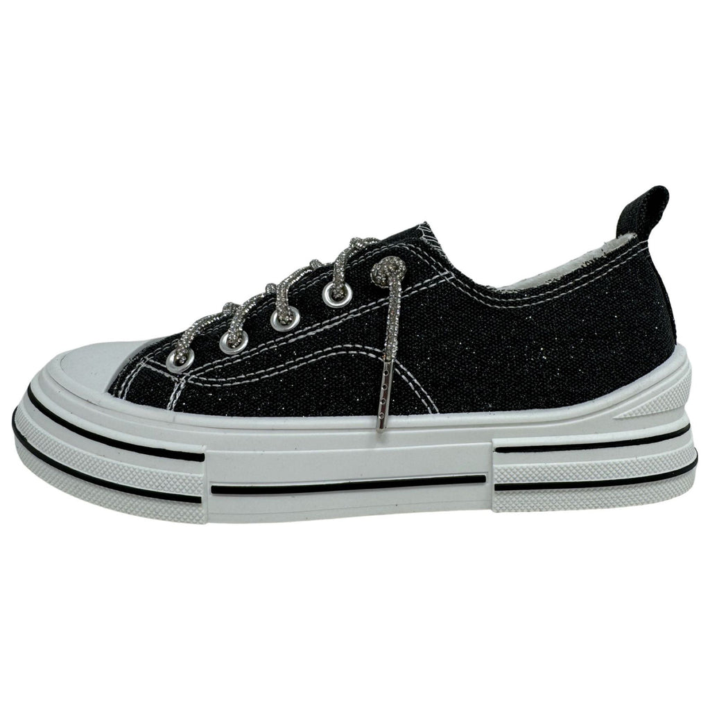 Black Sparkle Canvas Tennis Shoe with Silver Sparkle Laces