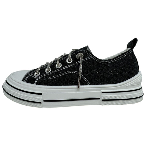 Black Sparkle Canvas Tennis Shoe with Silver Sparkle Laces