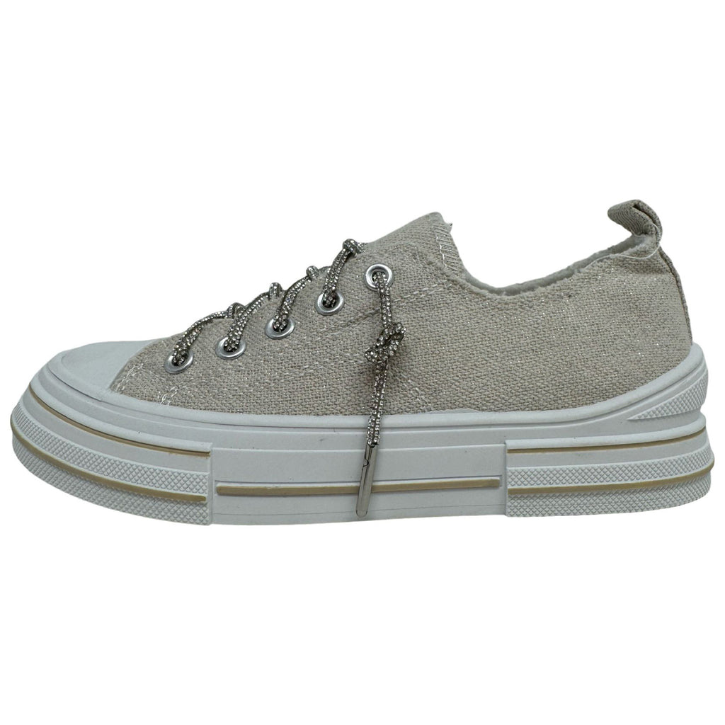 Natural Colored Canvas Tennis Shoe with Silver Sparkle Laces