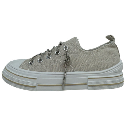 Natural Colored Canvas Tennis Shoe with Silver Sparkle Laces
