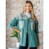 Teal Corduroy Shacket with Vintage print contrast on Two chest pockets and sleeve cuff