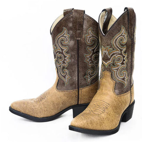 Old West Unisex Kids' J-Toe Western Boots, 9 in., 3-Row Stitch, Tan Vintage